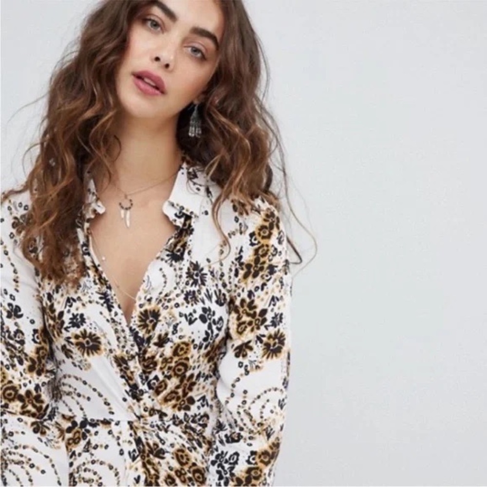 Free People Tough Love Shirt Dress Womens‎ Ivory Floral Wrap Midi Long Sleeve 8 - Picture 6 of 12
